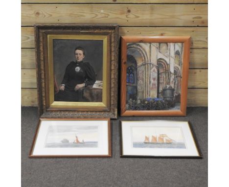 English school, early 20th century, portrait of a lady, print, 45 x 34cm, together two watercolours by Jack Burton, and a chu