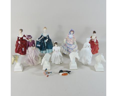 A collection of Royal Doulton Ladies figures, highest 21cm, together with Royal Worcester ladies, two Beswick ducks and Royal