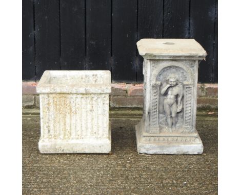 A reconstituted stone plinth, decorated with figures, 51cm high, together with a reconstituted stone planter