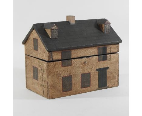 A novelty painted wooden tea caddy, in the form of a cottage, 26cm