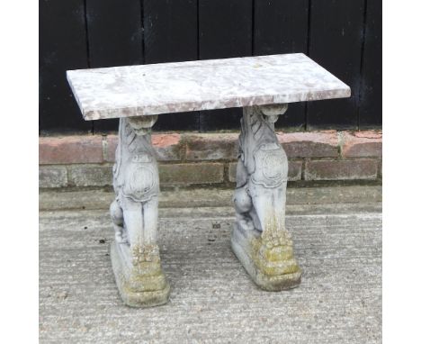 A reconstituted stone bench, on griffin supports, 59cm