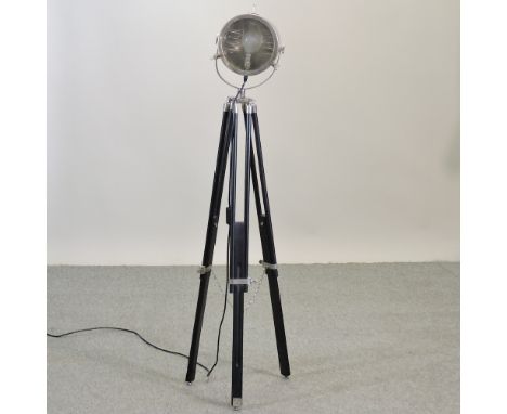 A reproduction chrome stage light standard lamp, on a tripod base, approx 130cm high