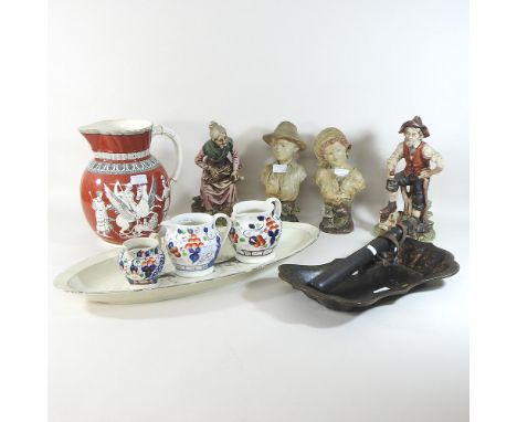 A shelf of items to include a 19th century papier mache tray, a truncheon, portrait busts, Welsh jugs and china