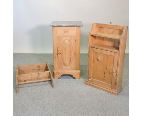 A pine pot cupboard, with a marble top, 43cm, together with an antique pine hanging cabinet, and a pine wall shelf (3)