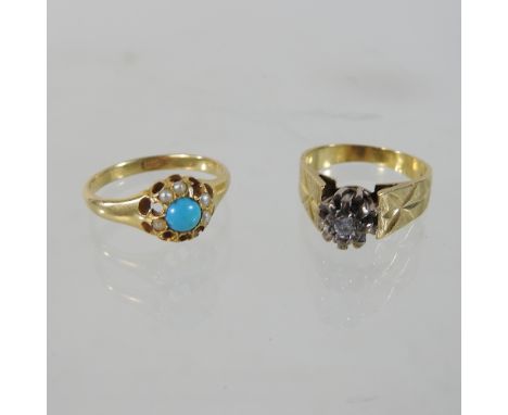 An 18 carat gold turquoise and seed pearl cluster ring, together with another