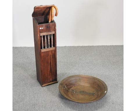 An antique hardwood bowl, together with a French bread box, umbrellas and an American  shelf clock