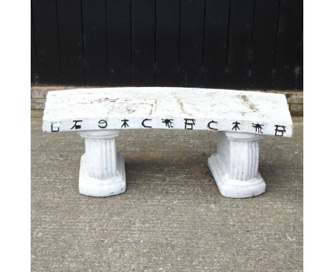 A white painted reconstituted stone curved garden bench, 106cm