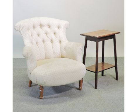 A Victorian cream upholstered button back chair, together with a small mahogany side table and a mahogany dining chair, with 