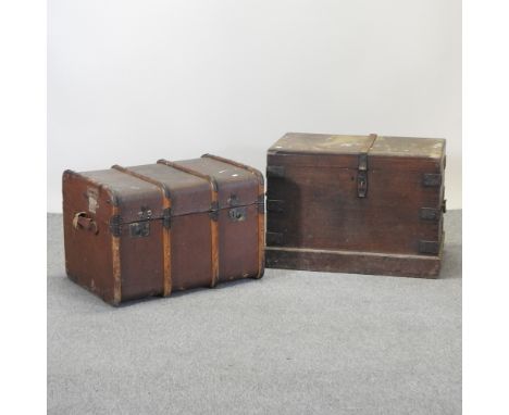 An antique metal bound trunk, 78cm, together with a cane bound travel trunk