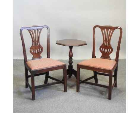 A Victorian mahogany tilt top table on a tripod base, 50cm, together with a pair of chairs