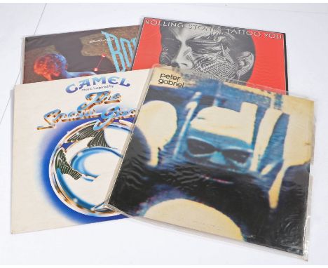 4 x Rock LPs. David Bowie - Let's Dance (AML 3029). Camel - Music Inspired By The Snow Goose (SKL-R 5207). Peter Gabriel - Pe