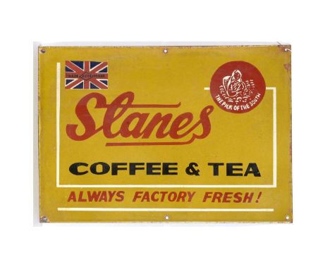 Stanes Coffee &amp; Tea enamel advertising sign, Always Factory Fresh!, with Union Trade Mark flag and 'The Pick Of The South