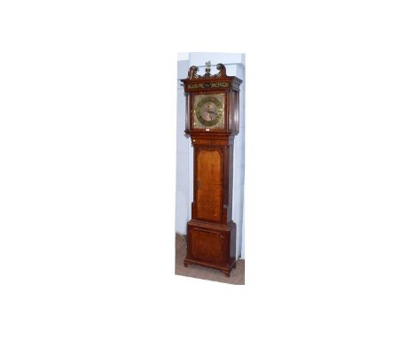 A 19th Century oak and mahogany banded longcase clock, the brass dial with subsidiary seconds dial, two train movement with a