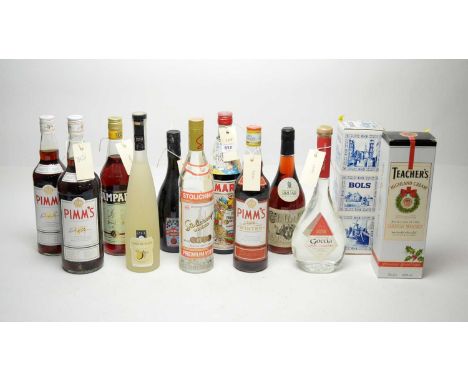 A selection of bottles of alcohol, including: three bottles of Pimm’s, consisting of a 1L bottle, a 70cl bottle, and 70cl Win