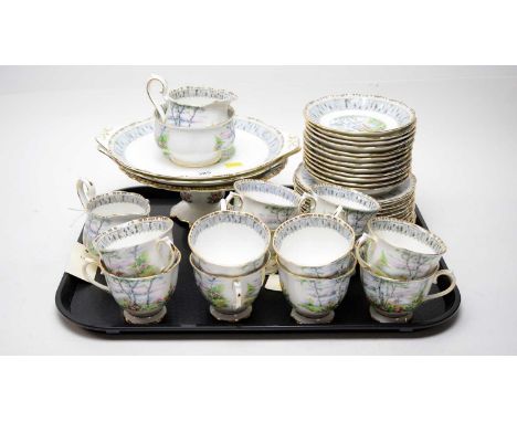 A Royal Albert ‘Silver Birch’ pattern tea service, comprising twelve tea trios, two cream jugs, sugar bowl, two sandwich plat