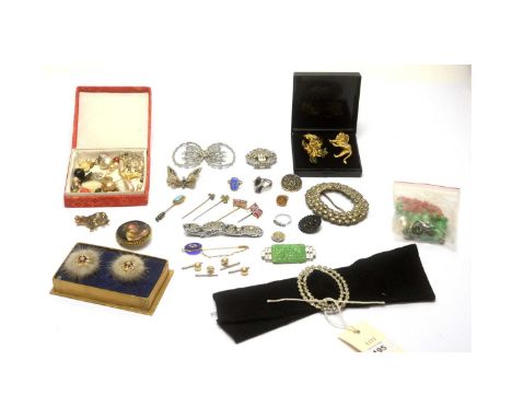 A selection of costume jewellery, including paste set Art Deco jewellery, a portrait painted ceramic brooch; a silver-gilt an