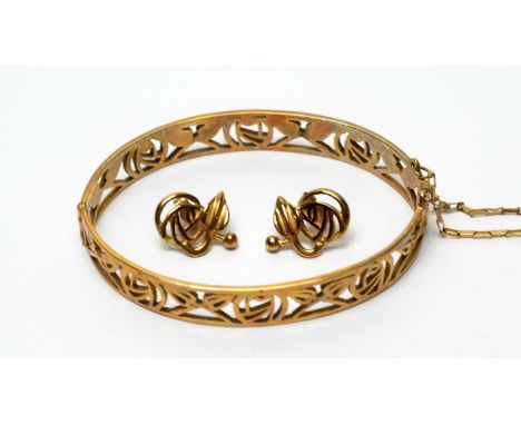 A 9ct yellow gold Charles Rennie Mackintosh rose bangle; and matching 9ct gold earrings, 21.5g gross, each in box.
