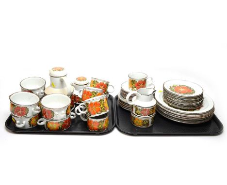 A 1970's style Stonehenge Midwinter Nasturtium dinner and tea service, including six place settings, teapot and additional it