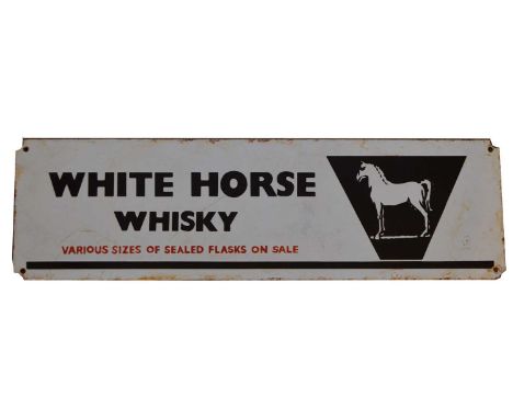 White Horse Whisky enamel advertising sign, inscribed 'Various sizes of sealed flasks on sale', 61 x 18cms.