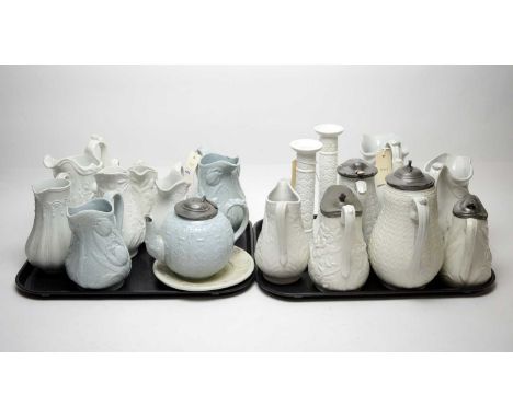 A selection of predominantly Dudson glazed and smear glazed cream stoneware, comprising: a coffee pot with basketweave decora