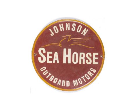 Johnson Sea Horse enamel advertising sign, Outboard Motors, circular, 38cms diameter.