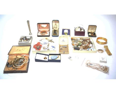 A selection of silver and costume jewellery, including: horse head motif bar brooch; silver Celtic knot work motif bangle; co