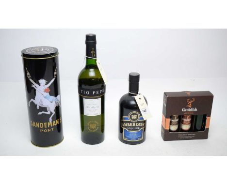A selection of bottles of alcohol, including: a Sandeman Founders Reserve Port, 75cl, 20%, in a tube; a set of three mini Gle