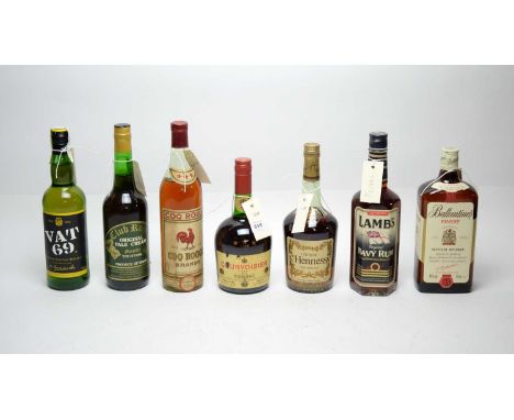 A selection of bottles of alcohol, including: a Vat 69 Blended Scotch Whisky, 70cl, 40%; a Courvoisier Luxe Cognac, 68cl; a B