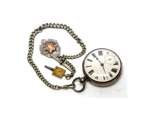 A Victorian silver cased open faced pocket watch, the white enamel roman dial with subsidiary seconds aperture, fitted key wo