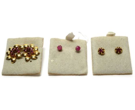 Three pairs of ruby earrings, in 9ct yellow gold mounts. 