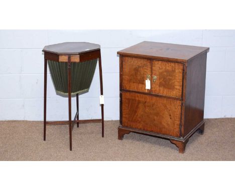 An Edwardian mahogany and banded octagonal work table, 44 x 39 x 78cms high; and a 19th mahogany cupboard, converted from a c