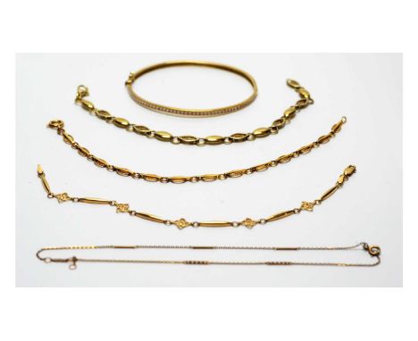 Four 9ct yellow gold bracelets, and a 9ct yellow gold bangle, two set with white stones, 27.6g gross.