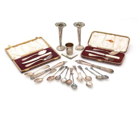 Two silver Christening sets of knife, fork and spoon, one with silver bladed knife with mother-of-pearl handle, the other ste
