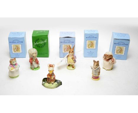 A collection of seven Beswick Beatrix Potter ceramic figures, including: Timmy Tiptoes; Ribby; Mrs Tiggy Winkle; and others, 