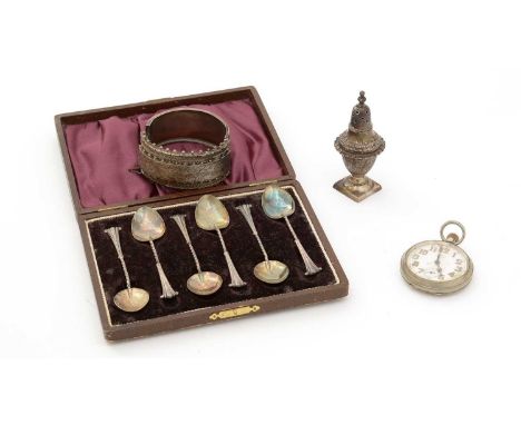 A set of six silver teaspoons, cased; a silver bangle; a silver pepperette; and a metal cased Omega pocket watch, fitted crow