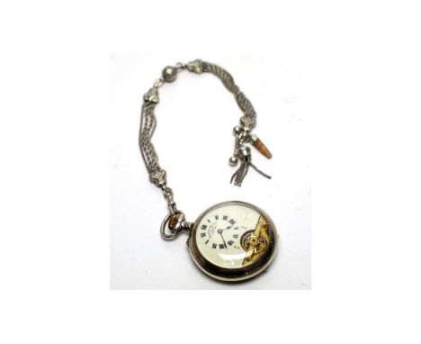 A Swiss silver cased open faced pocket watch, Hebdomas Patent, the white enamel roman dial above exposed balance, fitted an 8