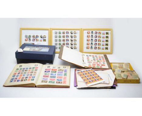 A collection of British and international postage stamps, including: two albums of stamps; framed children’s television stamp