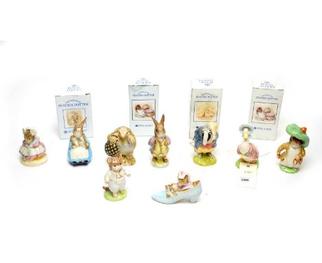 A collection of Royal Albert Beatrix Potter ceramic figures, including: Jemima Puddleduck; Mrs Rabbit and Bunnies; and two ot