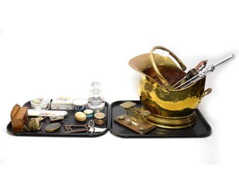 A Victorian brass coal skuttle, with brass coal shovel and other fire companion accessories; together with a selection of col