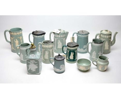 A small selection of Dudson and Ridgway sprigged pale-green stoneware, comprising: a Dudson coffee pot and cover, impressed m