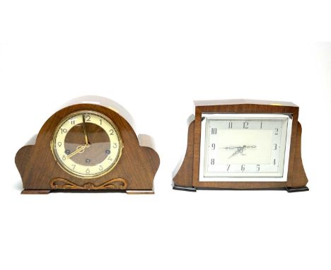 An Art Deco Smiths mantel clock, the square from Arabic dial within mahogany case, 19.5ams high; together with another Art De