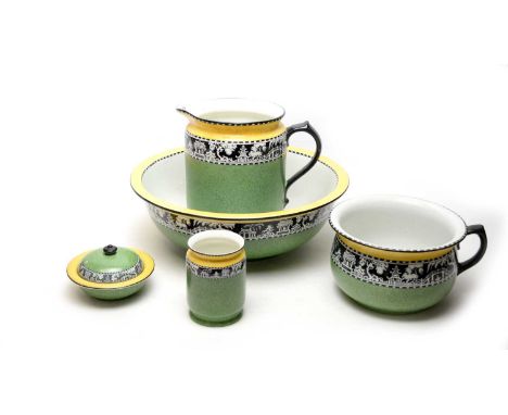 A Maling ceramic wash set, comprising: ewer and basin; chamber pot; soap dish with cover; and a tumbler, each with monochrome