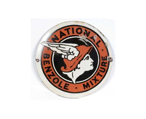 National Benzole Mixture enamel advertising sign, with Mercury design, circular, 38cms diameter.