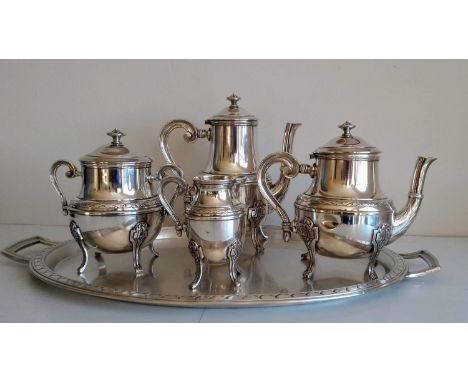 A French silver plated four-piece tea/coffee service, oval tray, 50 cm W and similar sucrier, all by Argit (6) 