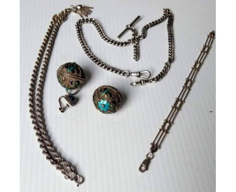 An Edwardian silver Albert with T-bar and two clasps by Henry Pope, Birmingham, 42 cm; a silver Albertina with tassels, 50 cm