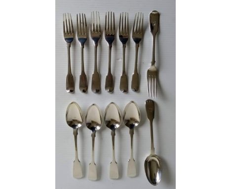 Six (5+1) George III silver fiddle pattern forks by William Eley &amp; William Fearn, one by Solomon Hougham, London, mixed d