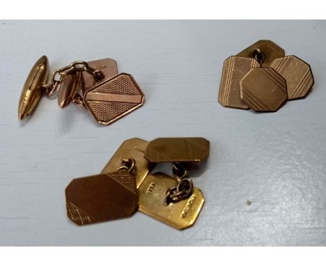 Three mid 20th century pairs of yellow and rose gold cufflinks with engine turned design, hallmarked, 16.4g and a selection o