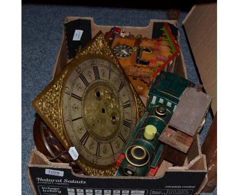 An 18th century longcase clock brass dial signed Jno Meredeth, Carlisle, three modern wall timepieces, tin plated toy train a