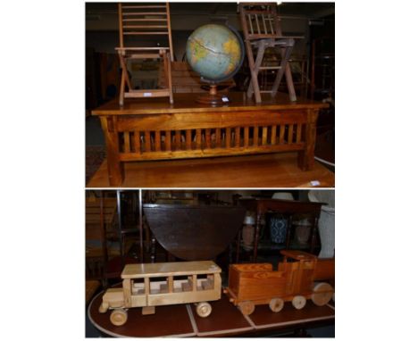 Table globe (a.f.), pine dough trough, brass fire irons, linen, three tables, cake stand etc 