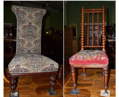 A Victorian bobbin turned chair with needlework seat, together with a nursing chair of similar date 